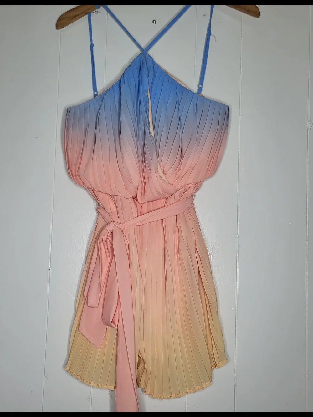 Ombre Pleated Halter Romper - Blue to Peach